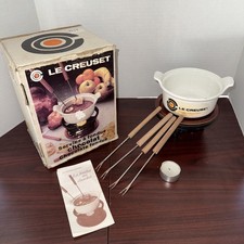 1986 Le Creuset White Enameled Cast Iron Chocolate Fondue Set
