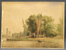Aquarelle signée et datée 1875 Chantier Naval