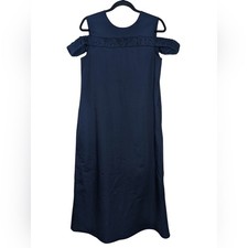 Toit Volant Off The Shoulder Sleeveless Cotton Midi Dress Navy Blue Medium