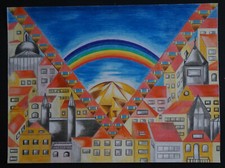 Drawing Color Pencils GEOMETRIC LANDSCAPE Signed U. BERTA (XXth)