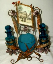 Antique French Palais Royal Bronze Stand Egg Aqua Glass Perfume Vitrine 1800s