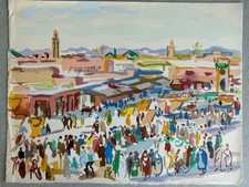 Gouache Paysage Orientaliste Africaniste Marocain Maroc Place Djemaa El Fna 1940