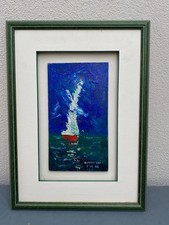 NAVY OIL PAINTING BOAT IN THE MIST SIGNED H.MONTFORT ABSTRACT STYLE