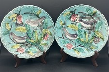 Pair of majolica earthenware plates decor birds and foliage circa 1900