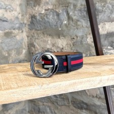 Gucci Interlocking GG Navy Leather Web Accent Belt - 75cm
