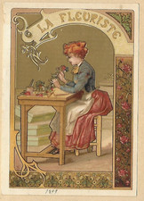 old chromo art nouveau La floriste H. 13.5 cms looms 1/3 gold background