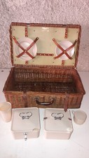 très ancien panier pique-nique osier anglais Coracle  1920 + accessoires
