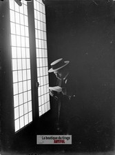 Man, character, window, glass plate, old photo, negative 9x12 cm