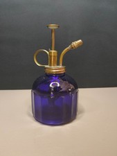 Ancien Vaporisateur Brumisateur en Verre Bleu Pompe en Métal Doré Déco Vintage