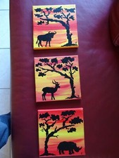 Tableau Triptyque Peinture sur Toile, Animaux d'Afrique, Rouge, Orange, Noir