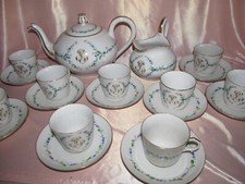 Paris Porcelain Coffee Set Gold Monograms Blue Floral Decor