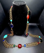 Vtg 80s Poured Glass Necklace Pate De Verre Gripoix Style Cabochon Goldtone 