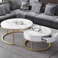 Rond Table Basse Set or Blanc Marbre Table de Salon 2 Pièces