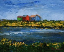 Huile sur toile  -  Clemenceau - "Cabanes à Oléron" - 27x22 cm