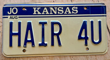 KANSAS VANITY LICENSE PLATE " HAIR 4 U "  KS HAIR CUT BEAUTY SALON PARLOR WIG