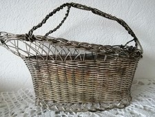 Ancien Porte Bouteille Panier en Métal Tressé Argenté Authentique