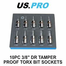 US PRO Tools 10Pc 3/8 Dr 48mm Long Tamper Proof Torx Bit Socket Set T10 - T55