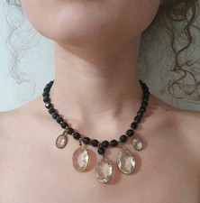 Beautiful Rare ANTIQUE JAIS PEARL NECKLACE with 5 Crystals, Early 20th Century