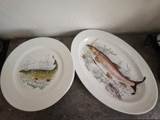 Fish service. Porcelain De Limoges. 6 Plates 1 Dish. Vintage
