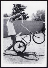 FOUND PHOTO "Wheelie!" Kids Custom Chopper Stingray Bicycle 60s B&W Snapshot VTG