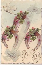 Old postcard fantasy white dove HAPPY BIRTHDAY - HORSESHOES added cutouts 1908