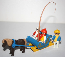 PLAYMOBIL VINTAGE 3391 TRAINEAU BLEU AVEC ENFANTS ET PONEY NEIGE HIVER COMPLET