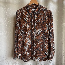Equipment Femme 100% Silk Leema Houndstooth Crepe Shirt Rust/Navy Orange White L