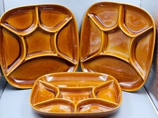 Keralux Boch Freres Belguim Three MCM Ceramic Brown Glaze Square Fondue Plates