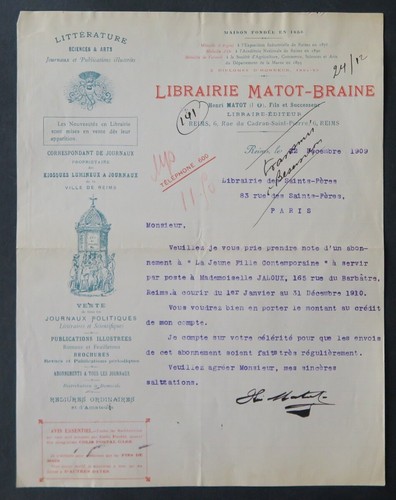 Facture reims 1909 librairie - facture,
