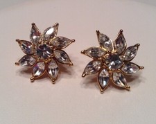 Vintage Signed MONET Jewelry Earrings 22k Gold Plated Clear Swarovski Crystals