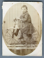 Vintage Citrate Print Horse Tricycle Girl. Antique bike. Wine