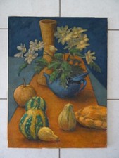 Tableau nature morte au bouquet de fleurs et légumes HST signé