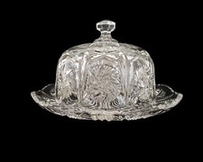 Ancien couvre-fromage en verre moulé cloche à fromage avec plateau assorti