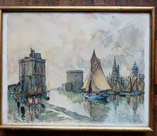 belle aquarelle ancienne marine vue du port de la Rochelle situé et signé