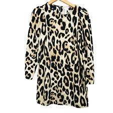 H&M A-Line Robe Femme XS Beige Léopard Manches Longues Bouffantes Col Rond