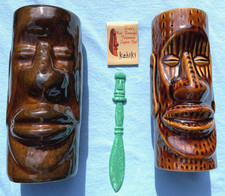 2 Vintage Kahiki Supper Club OH Tiki Mug + Matchbook Swizzle Moai Easter Island