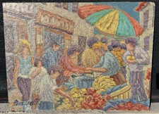 Ancien Tableau Huile Marché
