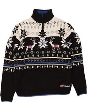 NEBULUS Mens Zip Neck Jumper Sweater UK 44 XL Black Fair Isle Acrylic AZ01