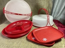 Tupperware Lot of 11 Pieces RED Collection, 2-Divided w/lids,Pie Carrier, Plates