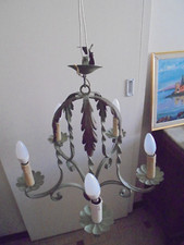 Ancien grand lustre en fer forgé vert feuille bronze doré 5 feux h 58 cm tbe