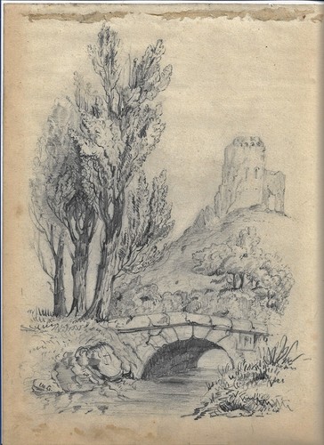 Dessin crayon paysage pont - crayon,,