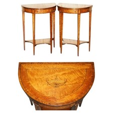 IMPORTANT PAIR OF MUSEUM QUALITY SHERATON SATINWOOD DEMI LUNE CONSOLE TABLES