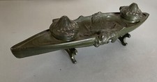 ELEGANT BOAT SHAPED INKWELL / BEAR SKIN / CANADIAN BRONZE TRAPPER?