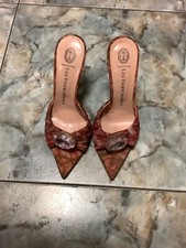 Les Tropeziennes Collection Floral Chiffon Leather Stone Slides Heels 4” 6/36