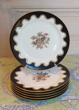 6 Assiettes Plates porcelaine GDA Limoges Art Déco noir et doré