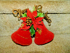 Midcentury Vintage Merry Christmas Wall Door Decor Poinsettia Pine Glitter Bells