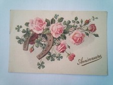 Old postcard happy birthday roses, horseshoe.