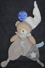 🍀Doudou Plat Ours BABY'NAT BN0138 Beige Gris Lune Etoile Blanc Bear Luminescent