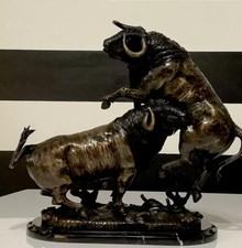 Unique Authentic Piece Of Bronze Sculpture Of Fighting Bulls Signed