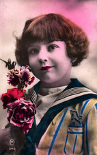 Old postcard fantasy - little girl with a blue and yellow suit